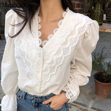 Blusa informal de encaje con manga abombada para mujer, camisa blanca lisa con cuello en V, Estilo Vintage, 12625 2024 - compra barato