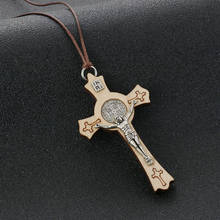 Religious Natural Wood Saint Benedict Crucifix Cross Pendant Necklace for Men Adjustable Leather Rope Chains CSPB INRI Jewelry 2024 - buy cheap