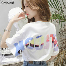 Camiseta feminina com frase estampada, gola redonda, manga curta, moda coreana, estilo harajuku, folgada, urbana 2024 - compre barato