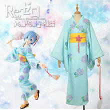 Disfraz de Anime Re:Life In A Different World From Zero Rem Ram, kimono, Hanfu verde azulado, vestido Kawaii para Halloween 2024 - compra barato