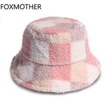 FOXMOTHER New Outdoor Fashion Panama Fishing Caps Faux Fur Check Plaid Bucket Hats Bob Chapeau femme Winter gorras 2024 - buy cheap