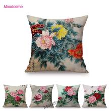 Oriental Cultural Decoration Watercolor Peony Chinese Flower Calligraphy Art Car Decor Pillow Case Linen Sofa Cushion Cover Case 2024 - buy cheap