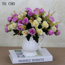 Искусственная Роза YO CHO с 10 цветами, миниатюрный букет шелковых роз, украшение для гостиной, искусственный цветок для стола, бордовый, синий, фиолетовый 2024 - купить недорого