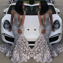 Black Girls Mermaid Silver Prom Dresses Illusion Top Lace Long Sleeve Evening Dresses Vintage 3D Rose Floral Formal Party Gowns 2024 - buy cheap