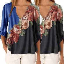 Винтажная женская Свободная блузка с цветочным принтом, V-образным вырезом и длинным рукавом, топ, рубашка, повседневные женские топы 2024 - купить недорого