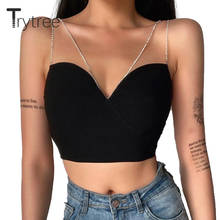 Trytree-Camiseta sin mangas informal para mujer, Top corto Sexy de mezcla de algodón con cuentas negras, correa para el hombro, chaleco que combina con todo, Tops para mujer 2021 2024 - compra barato