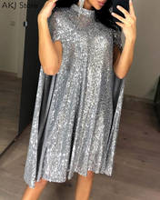 Women Glitter Mock Neck Cape Design Sequins Dress Midi Night Party Club Dress Vestidos 2024 - buy cheap