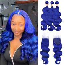 Pacote de cabelo ondulado com cor azul safira, 3 ou 4 mechas com fechamento brasileiro, 4x4 2024 - compre barato
