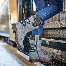 SHENGY-Botas de ante cálidas para mujer, zapatos planos Vintage con cordones, botas de nieve de retales tejidas, de media caña, otoño e invierno, 2019 2024 - compra barato