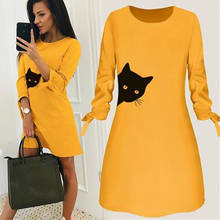 Women Fashion Printed Cat Animal Bow O Neck Long Sleeve Blouse Mini Dress#50 2024 - buy cheap