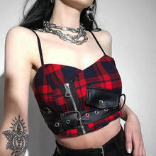 Gothic Red Plaid Grunge Gothic Crop Tops Streetwear Sashes Belt Zipper Hollow Out Top Backless Sexy Punk Vintage Punk Camisole 2024 - buy cheap