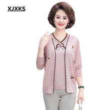 XJXKS 2022 Autumn Winter New Women Two-piece Set Loose Plus Size Cashmere Knitted Women Cardigan + Round Neck Short-sleeved Top 2024 - buy cheap