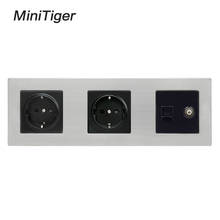 Minitiger Stainless Steel Panel Double Wall Socket 16A EU Power Outlet + Female TV Jack with RJ45 CAT5E Internet Port Silver 2024 - buy cheap