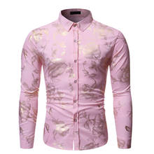 Camisa masculina floral rosa acetinada, camisa masculina fashion slim fit de manga comprida, camisa social casual para homens de negócios 2021 2024 - compre barato