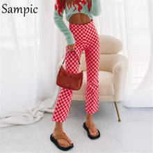 Sampic calça capri vintage vermelha para mulheres, calça casual xadrez com cintura alta e estilo coreano, moda verão 2021 2024 - compre barato