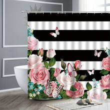 Cortina de chuveiro floral, rosa, flor de borboleta, pássaro, preto, branco, listras, decoração para casa, banheiro, tecido de banho 2024 - compre barato
