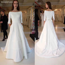 Vintage A-line Wedding Dress with Half Sleeves Scoop Neck White Ivory Satin Bridal Dresses Simple Vestido De Novia Sweep Train 2024 - buy cheap