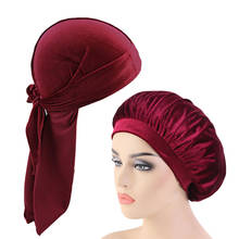 2 pcs/lot Mens Velvet Durag and Bonnet Set Women Hair Cover Sleep Cap Unisex Breathable Bandanas Long Tail Pirate Hat Headwear 2024 - buy cheap