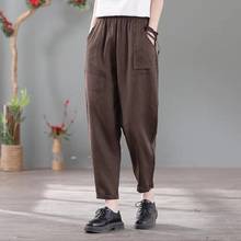 Calça feminina folgada de algodão, peça casual com cintura elástica harém combinada no tornozelo w159, verão 2021 2024 - compre barato