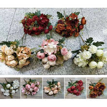 Outono falso chá rosa peônia com hortênsia flores de seda 12 cabeças de plástico artificial buquê de flores para o casamento decoração de casa 2024 - compre barato