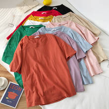 Camiseta básica feminina de verão, camisa casual, solta, manga curta, base, cor de doce, de algodão, tops femininos, camisetas femininas 2024 - compre barato