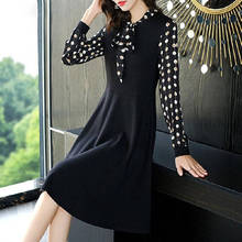 Spring Autumn Polyester Women's Dress Bow Long Sleeve Pullover Black Print Patchwork Plus Size Fashion Office Lady Dress 2024 - buy cheap