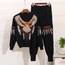 Primavera outono moda camisola de malha duas peças conjunto feminino streetwear águia miçangas + calças casuais 2 pcs conjunto para mulher g377 2024 - compre barato