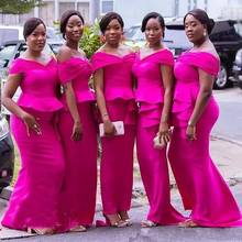 African Fuchsia Mermaid Bridesmaid Dresses Plus Size Off Shoulder Peplum Tiered Stain Maid Of Honor Dress For Weddings 2024 - buy cheap
