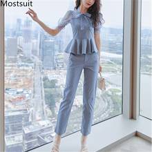 2022 Summer Elegant Office Two Piece Sets Women Dot Printed Short Sleeve Tunic + Pants Suits Workwear Ol Style Ladies Set Femme 2024 - buy cheap