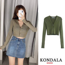 Women sweaters za 2020 casual V-neck solid green single breasted slim sweater female sexy tops autumn sweater 2024 - buy cheap
