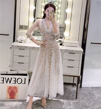 2020 New Three Quarter Vintage Women Design Runway Long Dress Sexy V Neck High Waist Patchwork Mesh Lace Embroidery Dresses 2024 - buy cheap