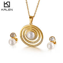 Kalen-Conjunto de joyería elegante para mujer, conjunto de tres capas de acero inoxidable con perlas de imitación de circonita, collares y pendientes 2024 - compra barato