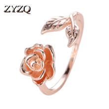 Zyzq adorável anel de dedo romântico com flor de rosa, noivado e articulação com folhas fofas e design ajustável aberto joia quente 2024 - compre barato
