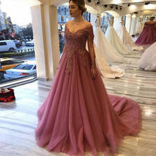 Dusty Pink Off Shoulder Long Sleeves Prom Dresses 2020 Lace Appliques Beaded A Line Tulle Evening Gowns Women Formal Party Dress 2024 - buy cheap