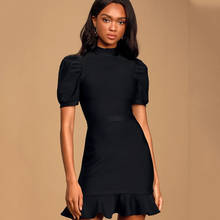 Женское платье с пышными рукавами и воротником-стойкой, модное однотонное платье с оборками на бедрах, модель 2020 2024 - купить недорого