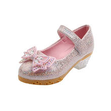 Zapatos de cuero con lazo para niñas, calzado de vestir de tacón bajo con diamantes de imitación y lentejuelas, de princesa, talla 26-36, SP106, novedad de 2021 2024 - compra barato