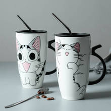 Taza de cerámica de dibujos animados para el desayuno, vaso con tapa y cuchara para café, leche y té, regalo novedoso, 650ml 2024 - compra barato
