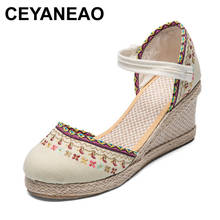 CEYANEAOBohemian-Sandalias de plataforma para mujer, alpargatas de lona con cuñas bordadas, tacones altos florales, zapatos de verano 2024 - compra barato