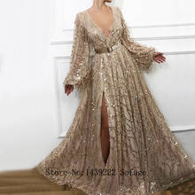 Champagne Bling V Neck High Slit Evening Dresses Prom With Belt Puff Sleeves Vestidos De Fiesta Robe De Soiree Plus Size 2024 - buy cheap