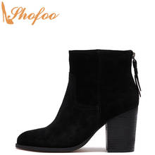 Black Woman Ankle Boots High Chunky Heels Round Toe Booties Zipper Large Size 13 15 For Ladies Flock Fashion Mature Shoes Shofoo 2024 - buy cheap