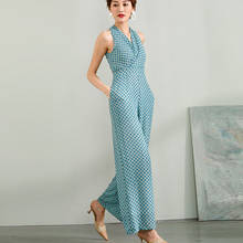 Macacão feminino de chiffon para o verão, elegante, com decote em v, perna larga, com estampa azul e cintura alta, plus size 3xl 4xl, 2020 2024 - compre barato