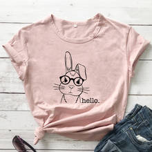 Camiseta de Hello Bunny With anteojos para mujer, regalo de vacaciones de Pascua, camiseta estampada del día de Pascua Feliz, Top 2024 - compra barato