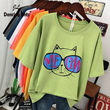 Женская футболка с рисунком, короткий рукав, принт с котом, хлопок, круглый вырез, Модный повседневный летний топ, Harajuku, футболка большого размера 2024 - купить недорого