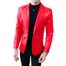 Red Single Button Men Slim Blazer Coat Faux Leather Jacket Casual Fashion Outerwear White Black Male Tops Autumn Terno Masculino 2024 - buy cheap