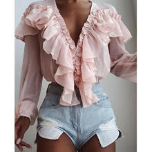 Summer Women Elegant Chiffon Shirt Female Stylish Flounce Top Solid Color V-Neck Sun protection long-sleeved fairy Blouse 2024 - buy cheap