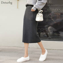 Falda Midi de punto liso para mujer, Faldas informales coreanas de cintura alta con bolsillos, plisadas, con aberturas negras, SK421 2024 - compra barato
