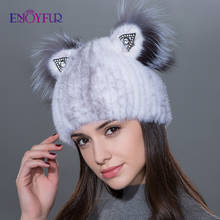 Enfeite de pele de inverno feminino enfeite com pelo de raposa natural, chapéu estilo orelhas de gato, moda feminina 2024 - compre barato