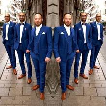 2020 Latest Design One Button Blue Wedding Men Suits Peak Lapel Three Pieces Business Groom Tuxedos (Jacket+Pants+Vest+Tie) 2024 - buy cheap