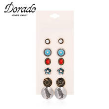 Dorado 6pcs/set Vintage Blue Stone Round Flower Shaped Geometric Stud Earrings For Women 2021 Fashion Jewelry For Women Bijoux 2024 - buy cheap