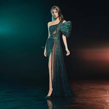 High End Emerald Green Sequined Prom Dresses Sexy See Thru Split Long Prom Gowns One Shoulder Chic Formal Dress 2021 2024 - buy cheap